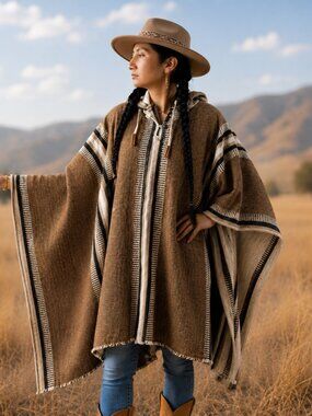 Handwoven Native American Hooded Wool Poncho - 100% Highland Wool Pullover Coat